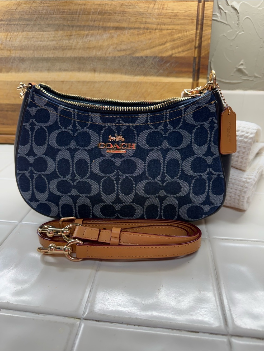 Navy Signature Demi Crossbody with Tan Leather Strap